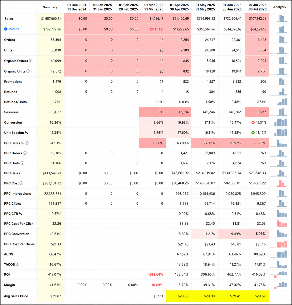 Detailed Amazon performance table by month showing sales, profits, sessions, conversions, PPC metrics, ACOS, TACOS, ROI, and margin